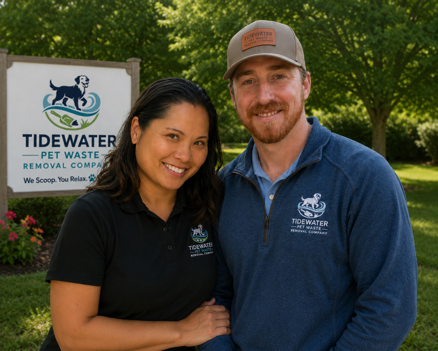 Steven and Helen Layden, owners of Tidewater Pet Waste Removal, in front of their business sign