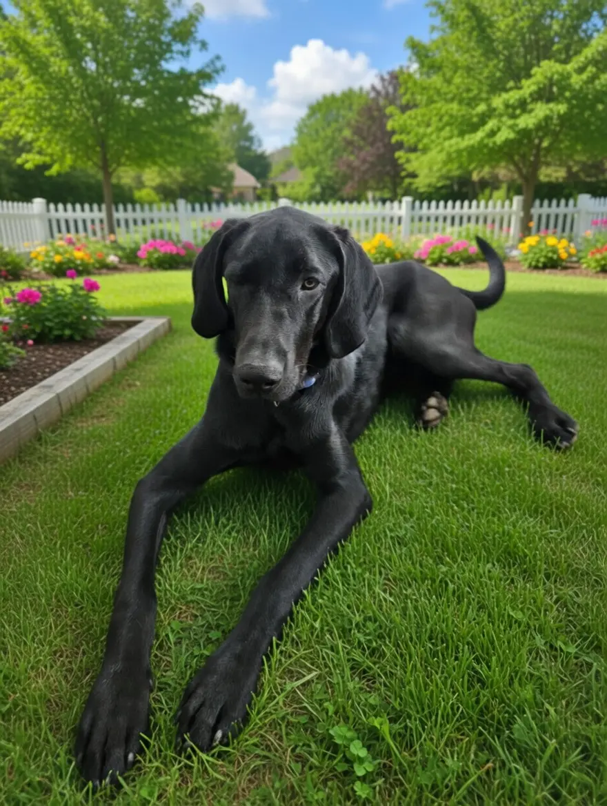 Duke, our Great Dane mascot, relaxing on a clean green lawn